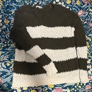 FAVLUX V-Neck Sweater - Green and White Stripes